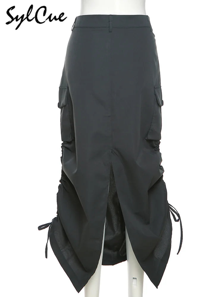 Sylcue Personality American Retro Street Trend Avant-Garde Self-Confidence High-End Design Sense All-Match Women's Tooling Skirt