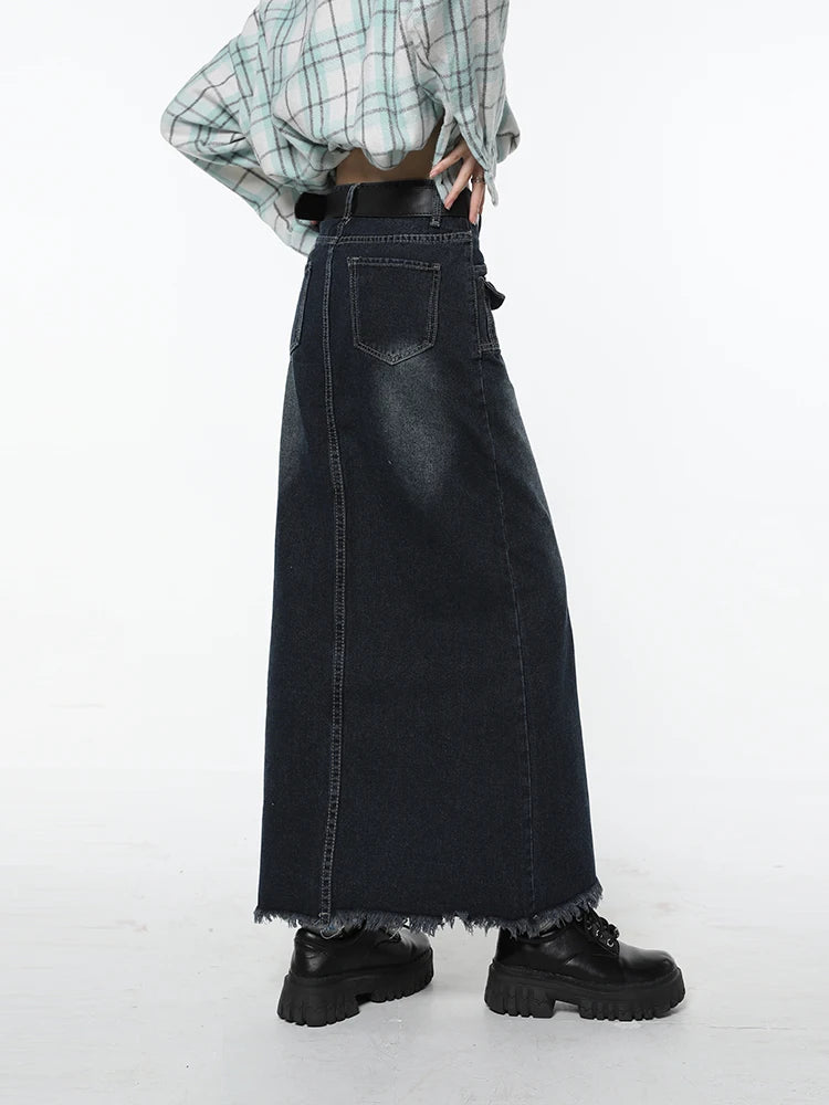 Women Vintage Y2K Harajuku Blue Mid Length Denim Skirt Summer Fashion Gradient High Waist Korean Casual Baggy Skirt Bottoms