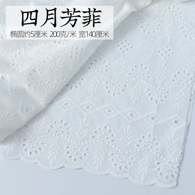 Embroidery White Lace Fabric Pure Cotton By The Yard for Wedding Dress Fashion Skirt Sew Hollow Cloth Summer Textile Per Meter
