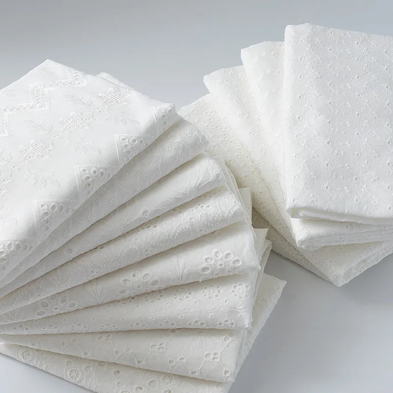 Embroidery White Lace Fabric Pure Cotton By The Yard for Wedding Dress Fashion Skirt Sew Hollow Cloth Summer Textile Per Meter