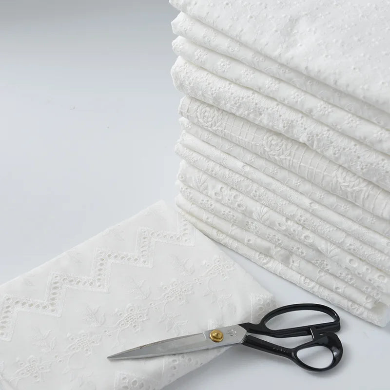 Embroidery White Lace Fabric Pure Cotton By The Yard for Wedding Dress Fashion Skirt Sew Hollow Cloth Summer Textile Per Meter