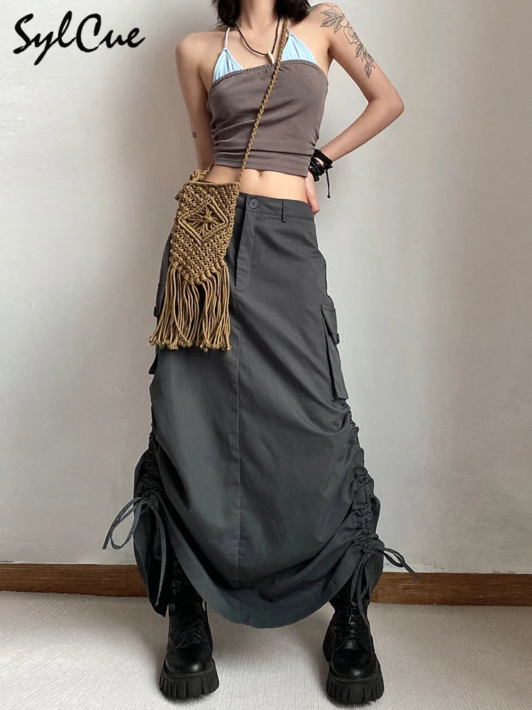 Sylcue Personality American Retro Street Trend Avant-Garde Self-Confidence High-End Design Sense All-Match Women's Tooling Skirt