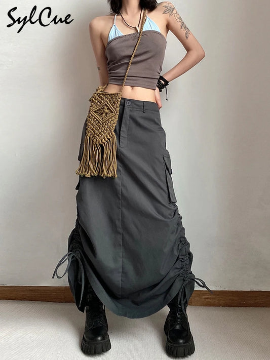 Sylcue Personality American Retro Street Trend Avant-Garde Self-Confidence High-End Design Sense All-Match Women's Tooling Skirt