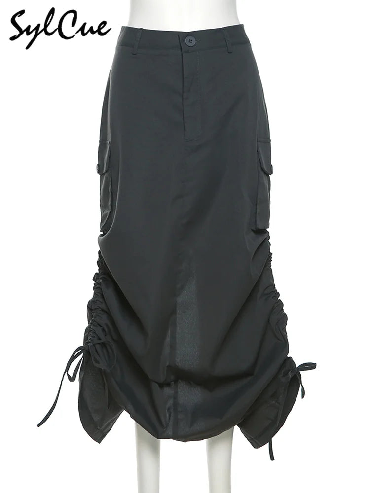 Sylcue Personality American Retro Street Trend Avant-Garde Self-Confidence High-End Design Sense All-Match Women's Tooling Skirt