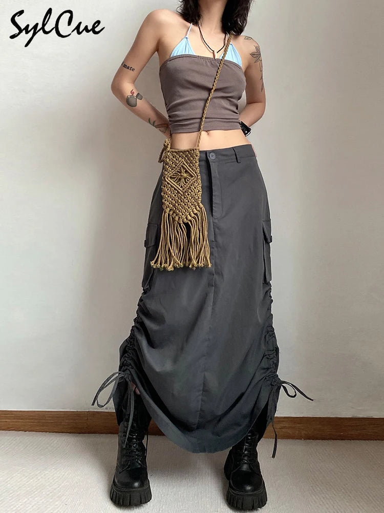 Sylcue Personality American Retro Street Trend Avant-Garde Self-Confidence High-End Design Sense All-Match Women's Tooling Skirt