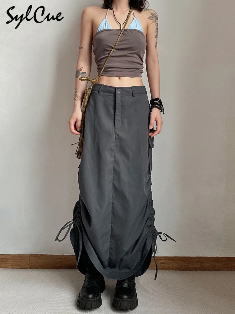 Sylcue Personality American Retro Street Trend Avant-Garde Self-Confidence High-End Design Sense All-Match Women's Tooling Skirt