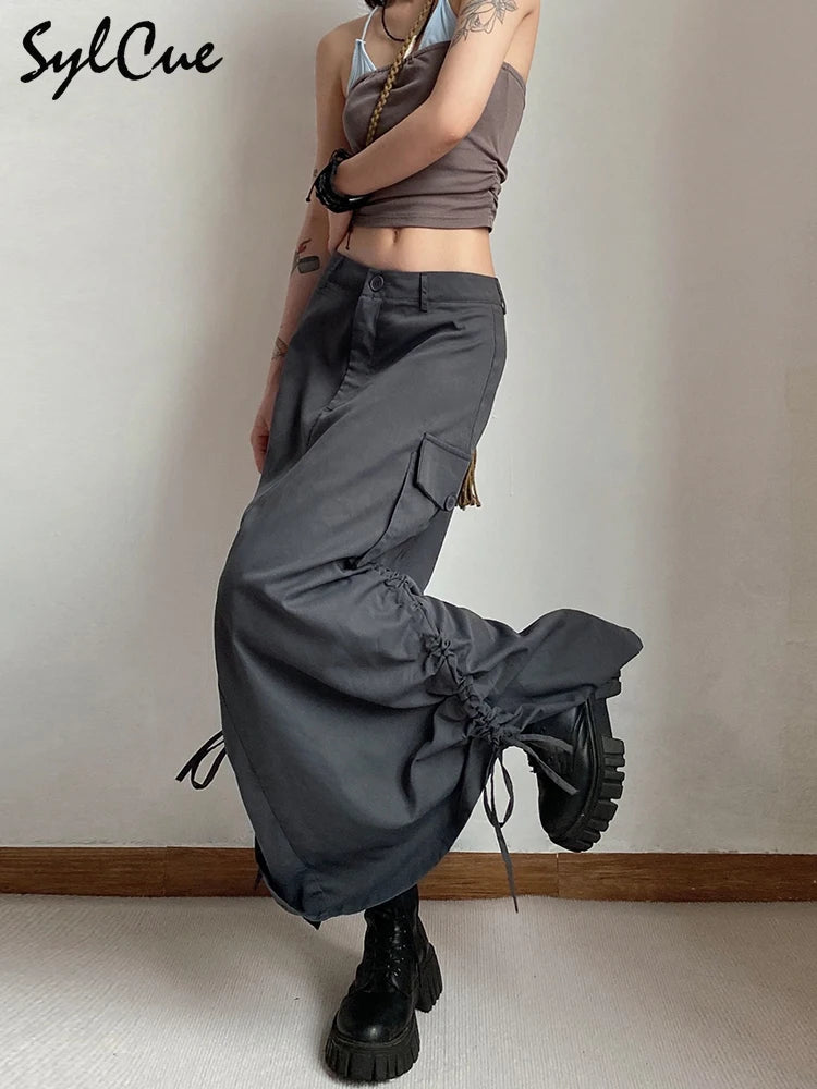 Sylcue Personality American Retro Street Trend Avant-Garde Self-Confidence High-End Design Sense All-Match Women's Tooling Skirt