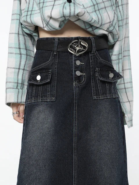 Women Vintage Y2K Harajuku Blue Mid Length Denim Skirt Summer Fashion Gradient High Waist Korean Casual Baggy Skirt Bottoms