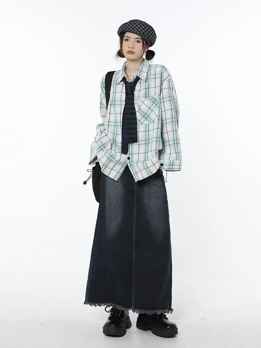 Women Vintage Y2K Harajuku Blue Mid Length Denim Skirt Summer Fashion Gradient High Waist Korean Casual Baggy Skirt Bottoms