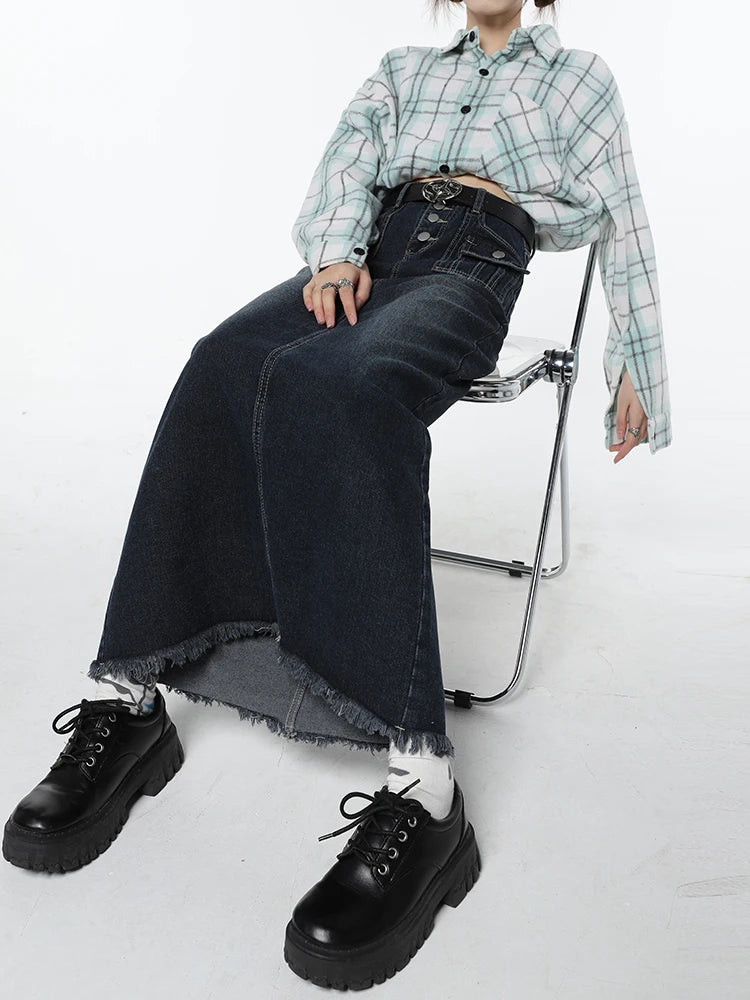 Women Vintage Y2K Harajuku Blue Mid Length Denim Skirt Summer Fashion Gradient High Waist Korean Casual Baggy Skirt Bottoms