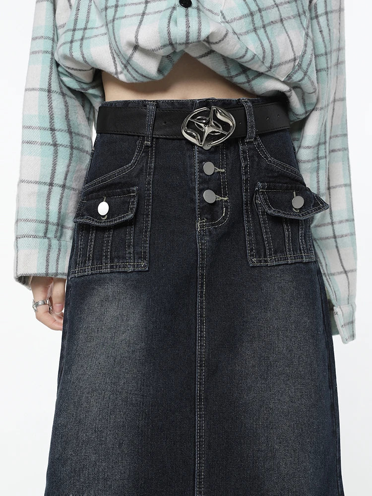 Women Vintage Y2K Harajuku Blue Mid Length Denim Skirt Summer Fashion Gradient High Waist Korean Casual Baggy Skirt Bottoms