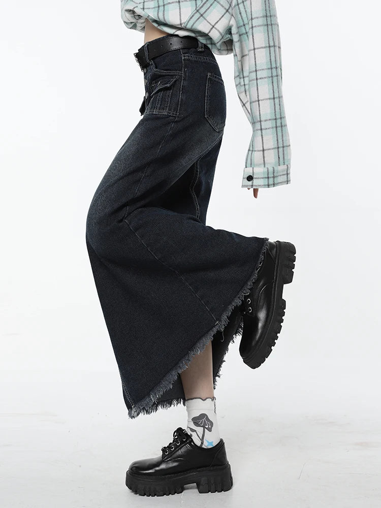 Women Vintage Y2K Harajuku Blue Mid Length Denim Skirt Summer Fashion Gradient High Waist Korean Casual Baggy Skirt Bottoms