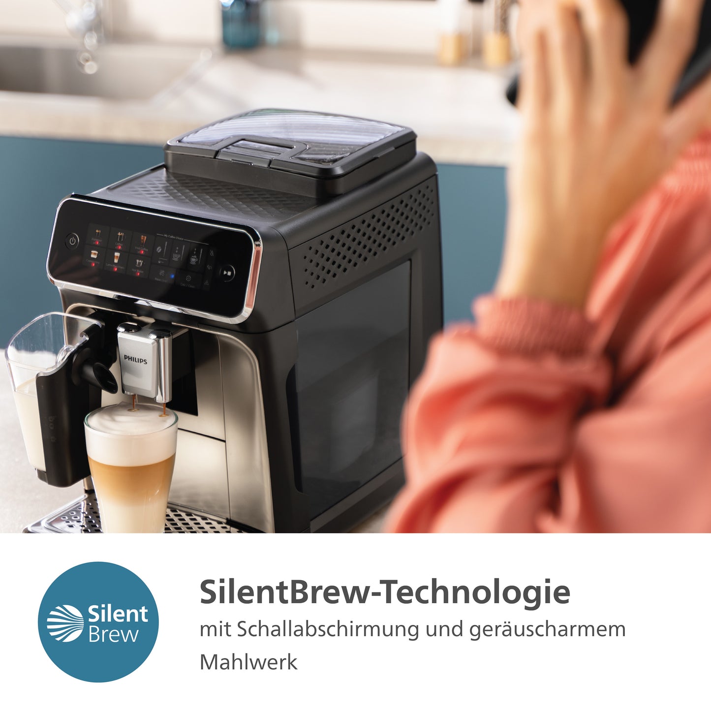 Kaffeevollautomat EP3347/90 Serie 3300 LatteGo, 5 Kaffeespezialitäten Matt-Schwarz, Silber-lackierte Arena, Edelstahl Abtropfschale
