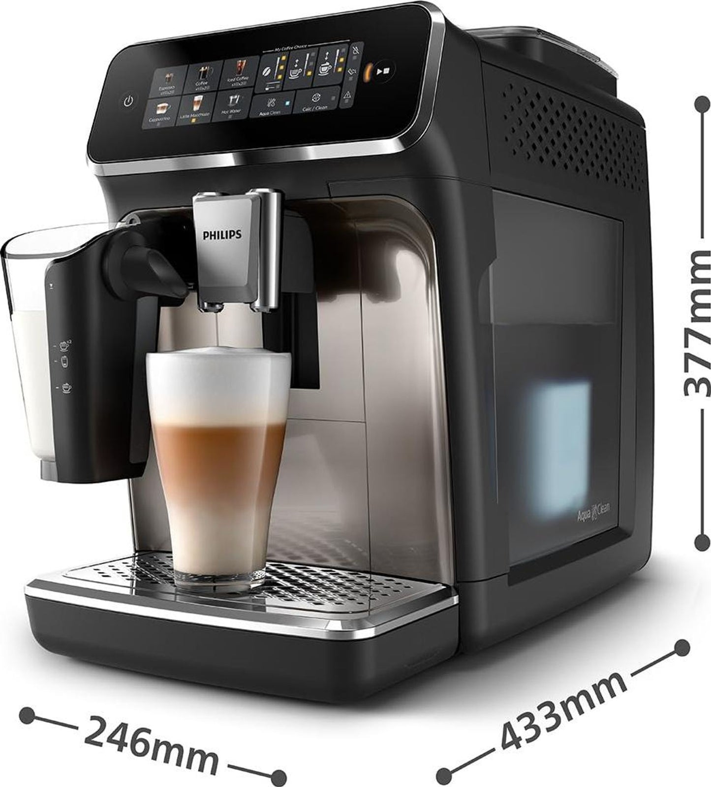 Kaffeevollautomat EP3347/90 Serie 3300 LatteGo, 5 Kaffeespezialitäten Matt-Schwarz, Silber-lackierte Arena, Edelstahl Abtropfschale